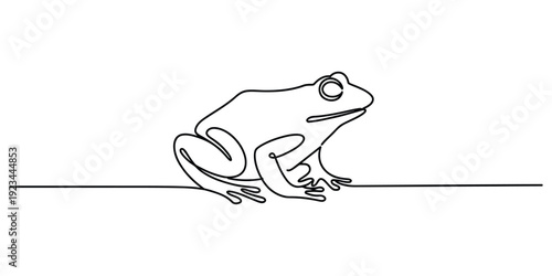 Continuous line drawing of a frog sitting on a horizontal surface, minimalist style vector art.