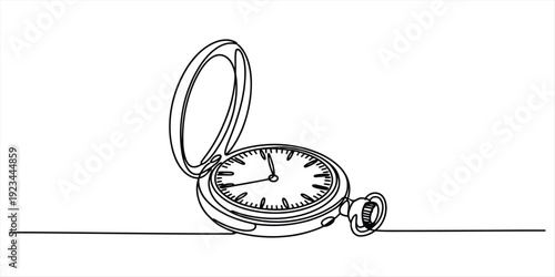 Continuous line drawing of an open vintage pocket watch with a flip cover on a white background