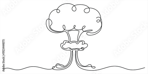 Single line drawing of a nuclear explosion mushroom cloud on a white background.