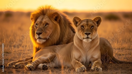 Male and Female Lions Resting in Golden Hour Savannah