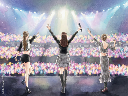 K-pop idol concert, graduation stage, cheering audience with glow sticks, live performance atmosphere （K-POPアイドルのコンサート、卒業ステージ、ペンライトを持つ観客、ライブパフォーマンスの雰囲気）
