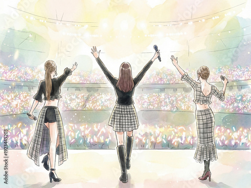 K-pop idol concert, graduation stage, cheering audience with glow sticks, live performance atmosphere （K-POPアイドルのコンサート、卒業ステージ、ペンライトを持つ観客、ライブパフォーマンスの雰囲気）