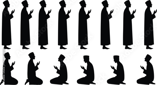 Muslim man praying silhouette set Islamic prayer namaz standing kneeling worship illustration isolated white background vector collection