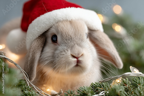 A cute white rabbit wearing a Santa hat surrounded by Christmas lights and greenery