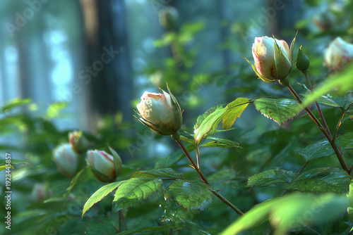 Dewy rosebuds in lush green forest setting with morning light