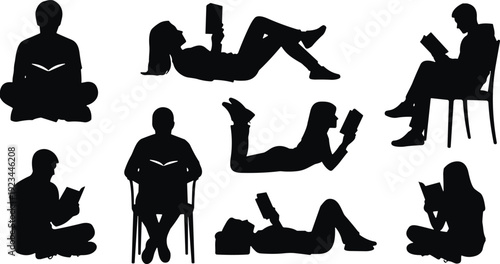 People reading books silhouette set, men and women study black vector isolated on white background for education design