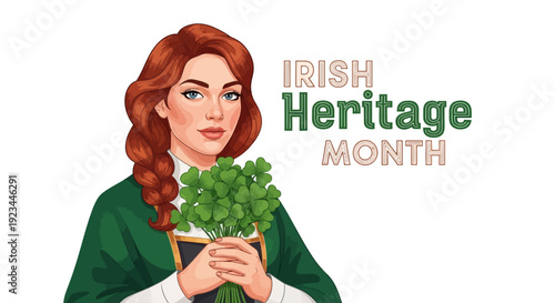 Vector illustration of a young red-haired woman holding a potted shamrock, celebrating Irish Heritage Month with a traditional Celtic symbol, against a clean white background with a joyful