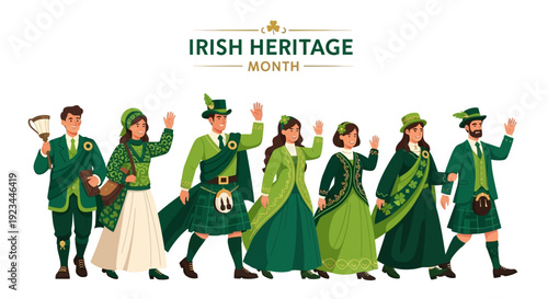 Illustration of people in traditional Irish attire celebrating Irish Heritage Month with a parade, featuring green clothing and accessories, against a clean white background.