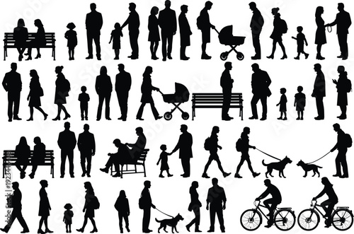 People silhouette collection vector illustration, family, walking, cycling, dog walking, bench sitting isolated for urban lifestyle design