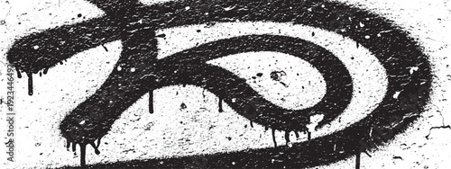 Abstract black graffiti spray paint symbol with drips on a textured wall.