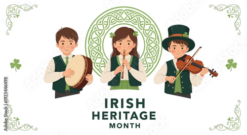 Illustration of Irish people celebrating heritage with traditional music and dance on a white background with Celtic designs.