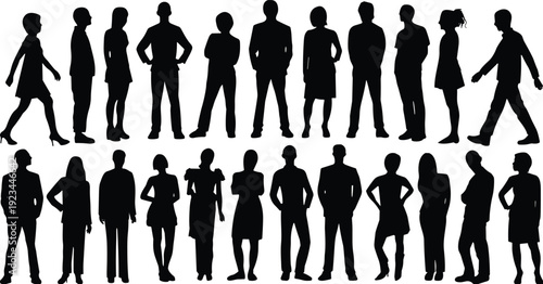 People standing silhouette collection, diverse men and women full body black vector isolated on white background for design