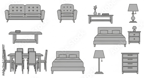 Collection of furniture items for home interior design.