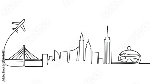 A continuous line drawing depicts landmarks including an airplane and city skyline