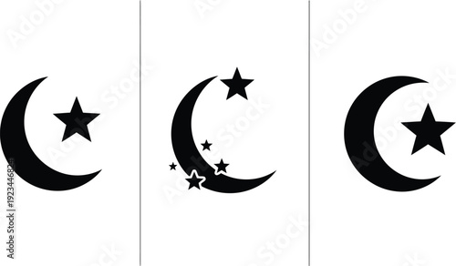 Three distinct black and white crescent moon and star symbols are presented vertically for religious or decorative motif use.