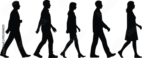 People walking silhouettes men and women side view pedestrian motion isolated white background vector illustration set
