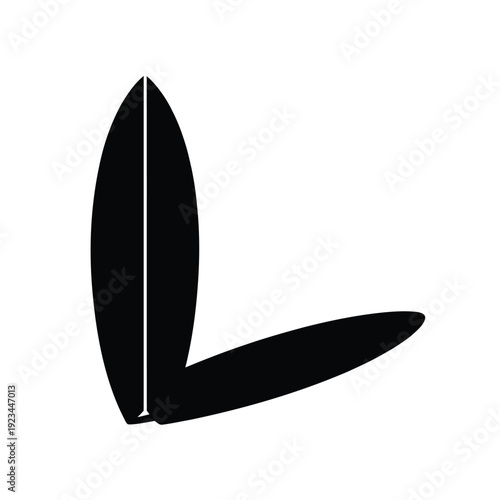 A minimalist black and white graphic depicting a stylized surfboard shape