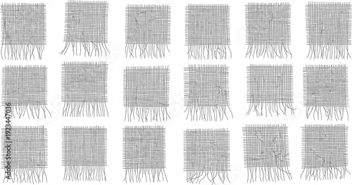Fifteen individual swatches of rough woven textile material with frayed edges are displayed in three rows.