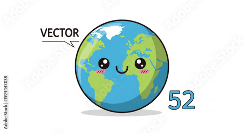 Smiling cartoon earth with rosy cheeks and a friendly face vector illustration on white background with number 52