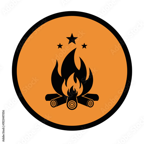 Black campfire icon with stars.