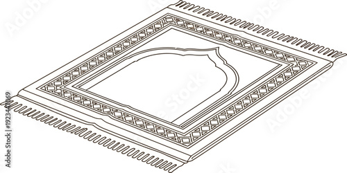 Islamic prayer mat design shows a fringed rectangular textile with an arched niche pattern in outline.