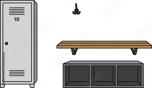 Locker room storage setup featuring a tall gray metal locker, a wooden bench, and a cubby unit against a white wall.