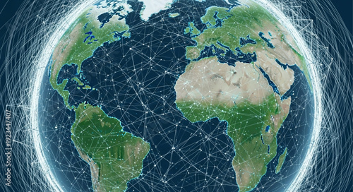 Digital Earth with glowing network connections across continents.