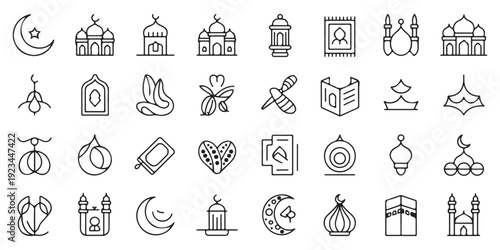 Islamic linear icon set containing ramadan kareem symbols crescent moon mosque lantern and prayer rug art