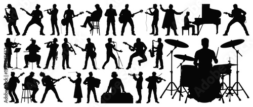 Professional Musician Silhouettes Collection Playing Various Instruments Isolated on Transparent Background