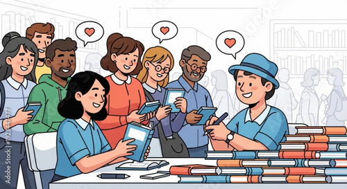 Diverse group of happy people exchanging books and smiling at each other in a library setting with stacks of books