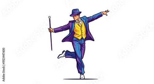 Man in purple suit and yellow vest dancing with cane exuding joy and elegance in a dynamic pose