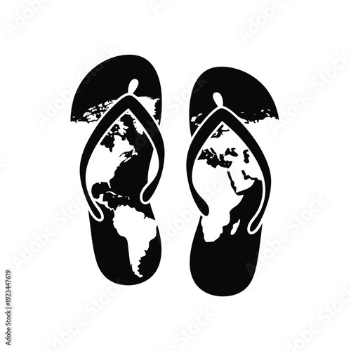 Black silhouette of flip flops displaying world maps within their shapes