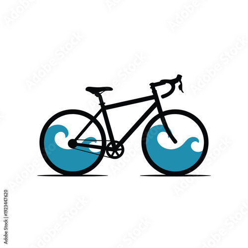 A stylized black bicycle with wave shaped blue tire designs is shown