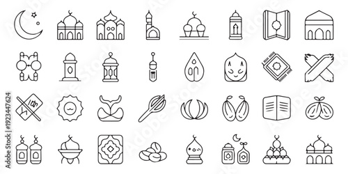 Comprehensive ramadan kareem line icons set with diverse mosque shapes and crescent moon for infographics