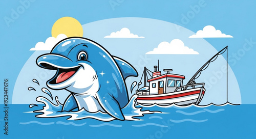 Smiling dolphin jumping out of ocean waves beside a fishing boat under sunny sky with clouds