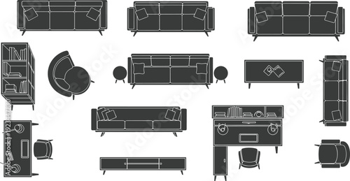 Modern living room furniture top view set, sofa armchair table desk and cabinet silhouettes, black and white interior illustration