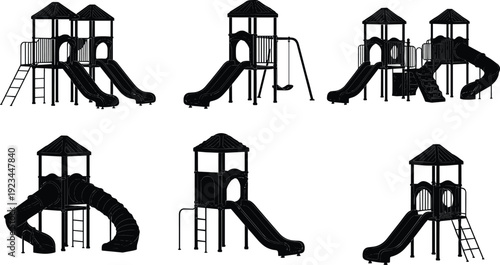 Playground equipment silhouettes collection, children outdoor play structures with slides and swings isolated on white background illustration set