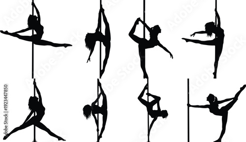 Pole dance silhouettes collection, female dancer performing acrobatic fitness moves on pole isolated on white background illustration set