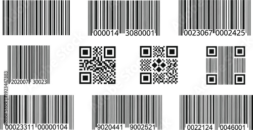 A collection of different barcode types, including numeric UPCs and square QR codes, are arranged in rows for commerce.