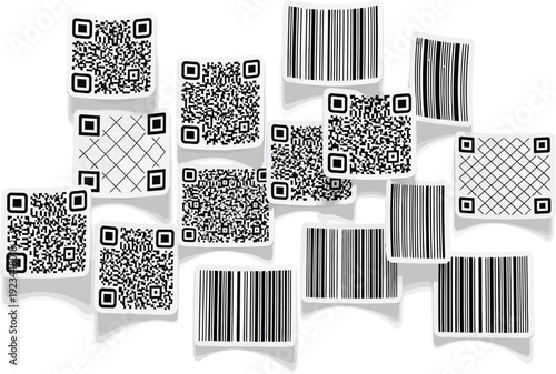 Various black and white QR codes and linear barcodes are scattered across a white background for digital identification.