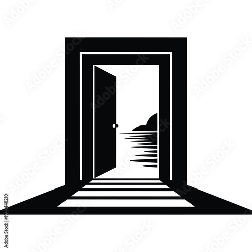 A black and white illustration depicts an open doorway leading to stairs