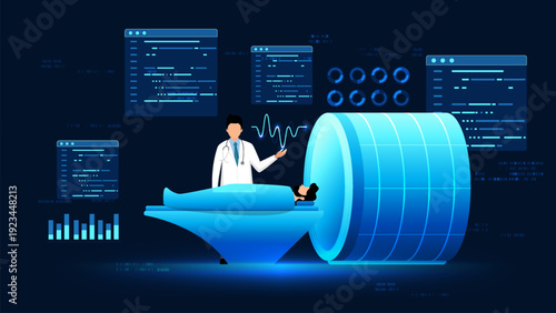 Medical technology concept featuring body scanning with MRI and a physician analyzing results for diagnosis, representing advanced healthcare, medical imaging, precision medicine, modern diagnostic