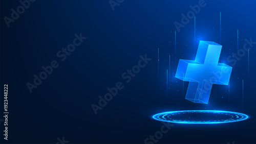 Abstract medical technology background featuring a red cross symbol inside a digital circle interface, representing modern healthcare innovation, advanced medical technology, and smart digital health