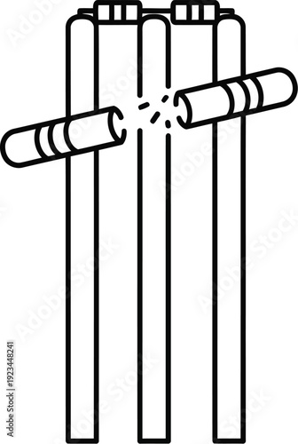 A minimalist black and white outline shows cricket stumps with the bails broken across the top of the wickets.