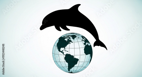 Dolphin leaping over globe symbolizing marine conservation efforts and global unity in protecting ocean wildlife with simple flat design