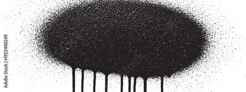 Black spray paint stain with drips on white background.
