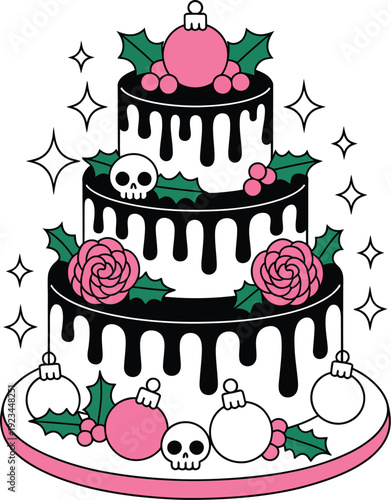Gothic Christmas Cake with Skulls and Ornaments on a Plate black white pink