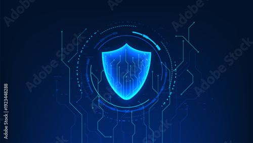 Cyber security technology shield with digital circuit patterns inside circle interface, representing data protection, cyber defense,information security, and prevention of online attacks data breaches