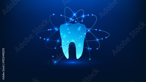 Medical technology background featuring a tooth surrounded by digital technology rings, representing dental innovation, advanced oral healthcare, modern dentistry, and smart medical solutions