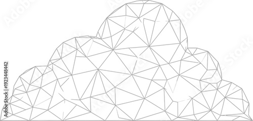 A low-polygon wireframe illustration depicts a large, volumetric cloud shape against a white background for digital concepts.